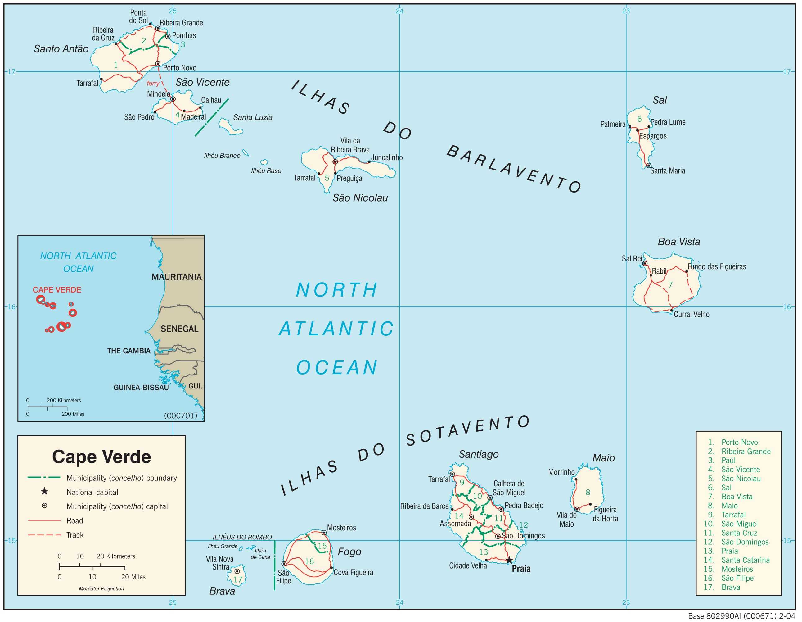 Transportation map of Cape Verde.