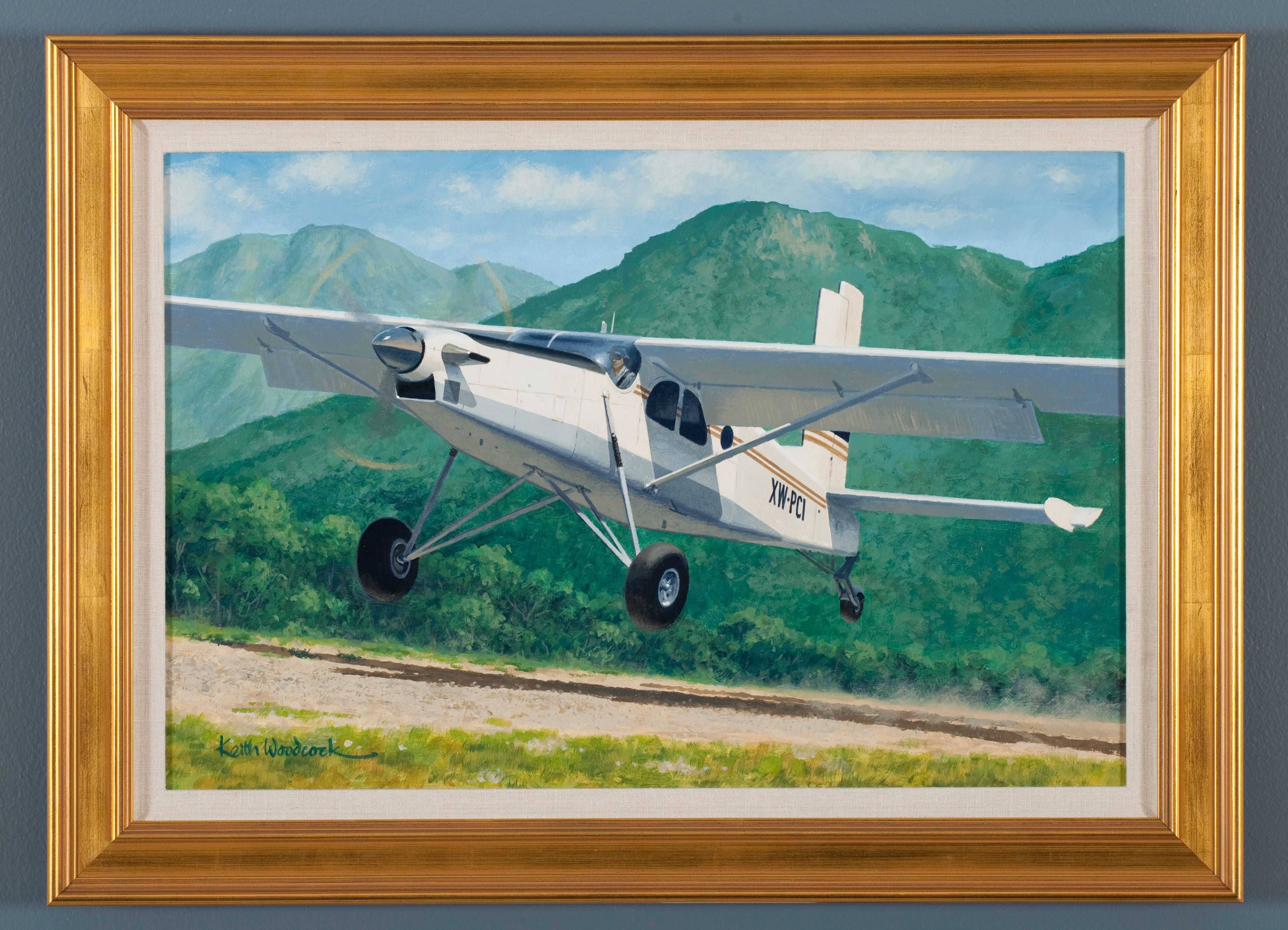 A painting of the Pilatus PC-6, a small plane with a front propeller