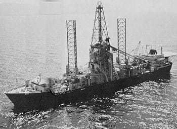 Image of a ship salvaging a sunken Soviet submarine in the Pacific.
