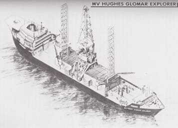 A black and white illustration of the MV Hughes Glomar Explorer ship in the water.