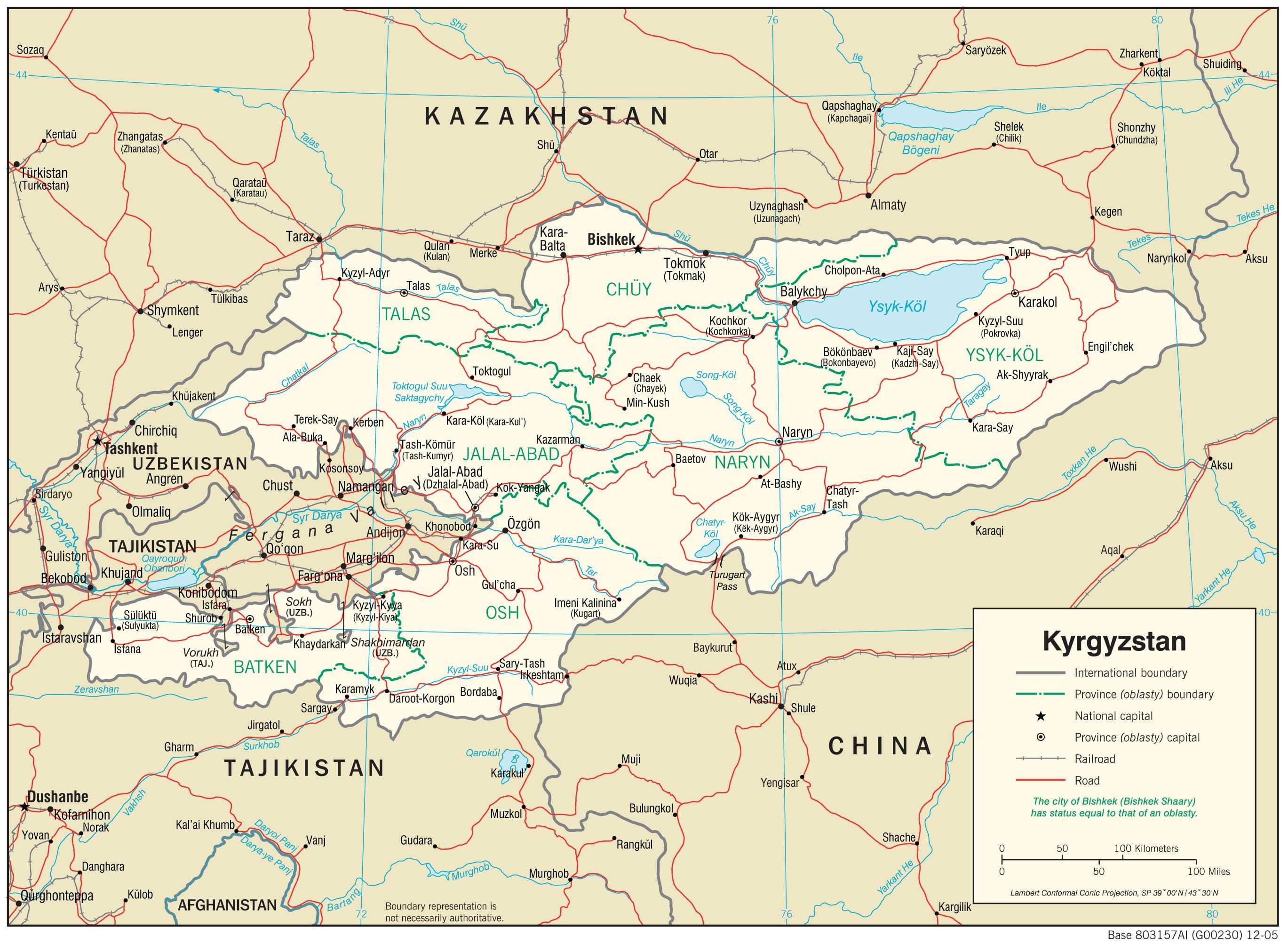 Transportation map of Kyrgyzstan..