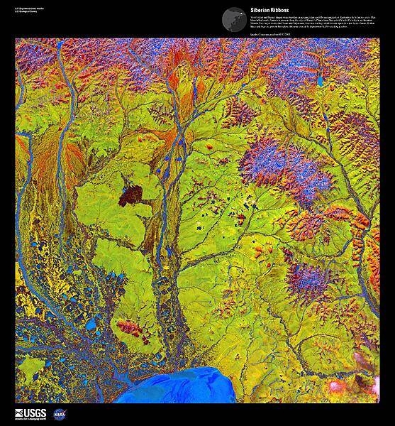 Vivid colors and bizarre shapes come together in an false-color satellite image that could be an imaginative illustration for a fantasy story. This labyrinth of exotic features is present along the edge of the Chaunskaya Bay (vivid blue half circle) in northeastern Siberia. Two major rivers, the Chaun and Palyavaam, flow into the bay, which in turn opens into the Arctic Ocean. Ribbon lakes and bogs are present throughout the area, created by depressions left by receding glaciers. Image courtesy of USGS.