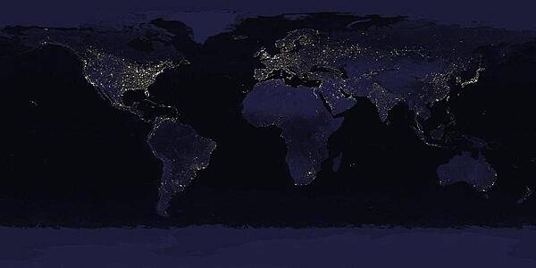 A view of the world by night. The brightest areas of the Earth are the most urbanized, but not necessarily the most populated. (Compare Western Europe with China and India.) Cities tend to grow along coastlines and transportation networks. The US interstate highway system appears as a lattice connecting the brighter dots of city centers. In Russia, the Trans-Siberian railroad is a thin line stretching eastward. The Nile River, from the Aswan Dam to the Mediterranean Sea, is another bright thread through an otherwise dark region. Image courtesy of NASA.