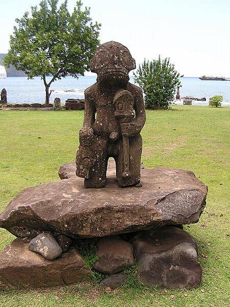 Stone tiki on Nuku Hiva Island in the Marquesas archipelago.