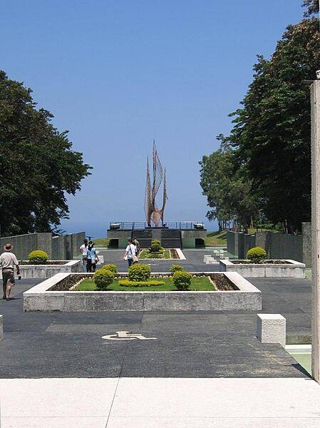 On the grounds of the Pacific War Memorial, Corregidor. The sculpture is entitled the &quot;Eternal Flame of Freedom.&quot;
