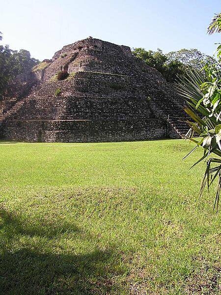 The Chacchoben Maya temple pyramid dates to about AD 700; it was originally painted red and yellow.