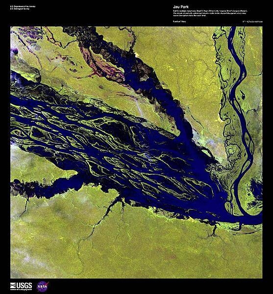 This photograph shows a section of the Negro River in Jau National Park, Amazonas state. Fed by multiple waterways, the Negro River is the Amazon&apos;s largest tributary. The mosaic of partially-submerged islands visible in the channel of this enhanced satellite image disappears when rainy season downpours raise the water level. Jau National Park is South America&apos;s largest forest reserve, covering 23,000 sq km (8,900 sq mi); it is listed as a UNESCO World Heritage Site. Image courtesy of USGS.