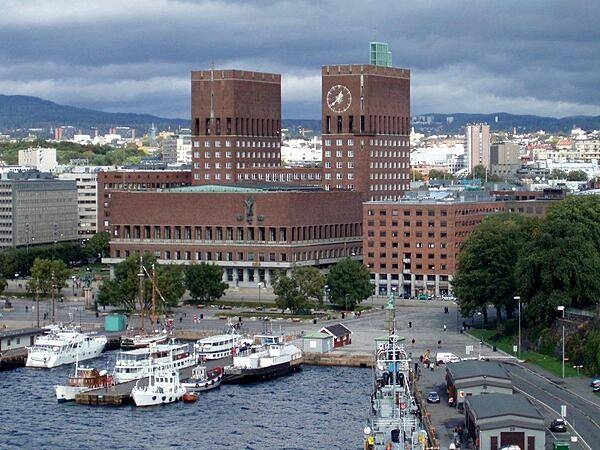 The City Hall (Radhus) in Oslo. Although construction began in 1931, completion was delayed because of World War II. The building was finally inaugurated in 1950. The Nobel Peace Prize ceremony takes place in the City Hall every year on 10 December.