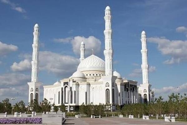 The Hazrat Sultan (Holy Sultan) Mosque in Nur-Sultan is the largest mosque in Central Asia. Built on the bank of the Esil River, the building was constructed between 2009 and 2012 in the classic Islamic style using traditional Kazakh ornaments. At 110, 000 sq m (11 hectares; 27 acres), the mosque can accommodate up to ten thousand worshipers.