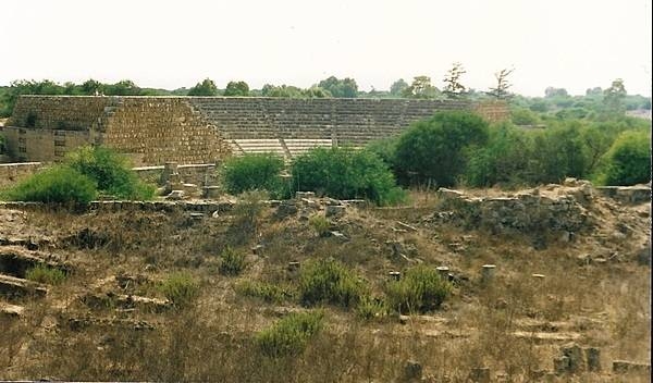 The earliest archeological finds at Salamis, on the east coast of Cyprus, date to the 11th century B.C. The amphitheater in the distance is from later Roman times.