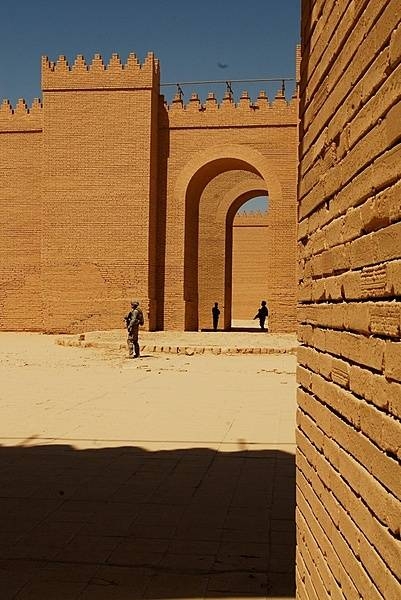 Soldiers stand guard within the walls of the ancient city of Babylon. Some of the ruins were reconstructed by Saddam Hussein. Photo courtesy of the US Department of Defense/ Sgt. Debralee Best.