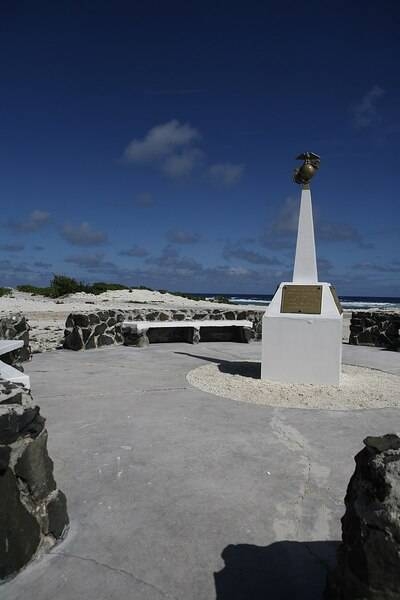 United States Marine Corps memorial to the defenders of Wake Island in December 1941. For 16 days, beginning 8 December 1941, a combined military force of Marine ground and air units, Naval aviation personnel, and an Army detachment - augmented by civilian contractors - resisted near constant attacks by Japanese forces. In the end the island defenders were overwhelmed by the Japanese forces who then occupied the atoll until the end of World War II. Photo courtesy of the USMC / Sgt. Bill Lisbon.