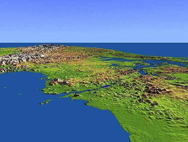 This shaded-relief perspective view - generated using topographic data from a space shuttle mission - shows the Panama Canal with the Pacific-side Gulf of Panama in the foreground and the Caribbean Sea in the distance. Water levels are maintained along its length by three reservoirs, the largest of which is Lake Gatun, visible at the right center of the image. Built by the US Army Corps of Engineers between 1904 and 1914, the canal extends for approximately 80 km (50 mi), and is widely considered to be one of the world&apos;s great engineering achievements. Imagery credit: NASA.