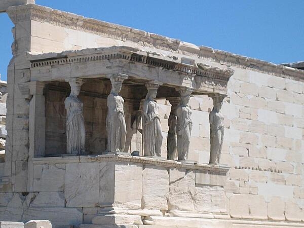 A close-up of the Porch of the Caryatids (also known as the Porch of the Maidens) on the southern side of the Erechtheum temple on the Acropolis in Athens, Greece.