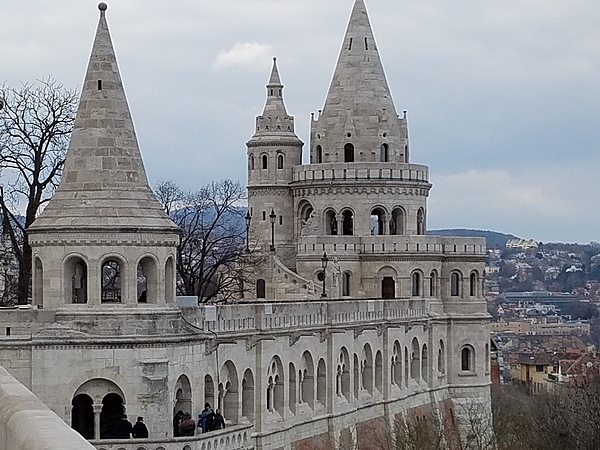 Close up of some of the architecture in Fisherman's Bastion on Castle Hill in Buda, Hungary.