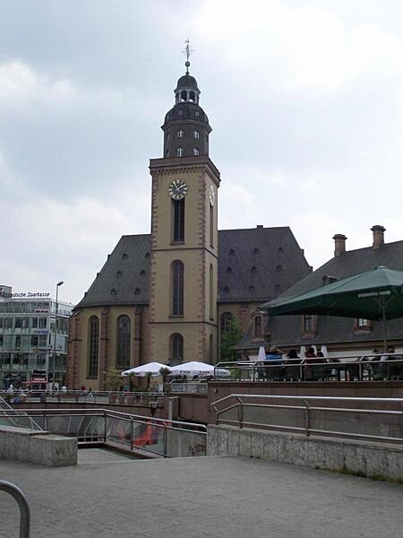 Located at the edge of the Hauptwache plaza is St. Catherine's Church, the largest Lutheran church in Frankfurt, Germany. Construction of the baroque church was completed in 1681. Destroyed by World War II bombing, it was rebuilt between 1950 and 1954.