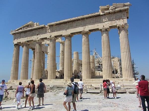 View of the rear of the Parthenon on the Acropolis in Athens, Greece. The temple, dedicated to the goddess Athena, was built between 447 and 438 B.C. The Acropolis is a citadel on a flat, high, rocky outcrop 150 m (490 ft) above sea level and is the highest point in Athens.