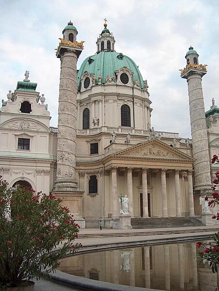 The Karlskirche (St. Charles Borromeo Church) in Vienna, Austria, built between 1716 and 1737, is a Baroque masterpiece. Its architect, Johann Bernhard Fischer von Erlach, sought to fuse elements and ideas from the most significant churches in Europe, including the Pantheon and St. Peter&apos;s Basilica in Rome, the Hagia Sofia in Constantinople, les Invalides in Paris, and St. Paul&apos;s Cathedral in London.