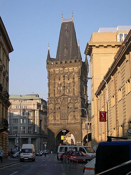 The Gothic Powder Tower in Prague, dating to 1475, is at the site of an 11th-century gate, one of the city's 13 medieval gates. Originally connected to the royal palace by a small bridge, it eventually lost its importance and by the 17th century was being used to store gunpowder.