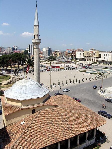 Skanderbeg Square in the center of Tirana, Albania, as viewed from the city's clock tower.