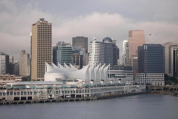 The white sails of Canada Place in downtown Vancouver, British Columbia. The site serves as a hotel, exhibition, and convention center, as well as a cruise ship terminal.