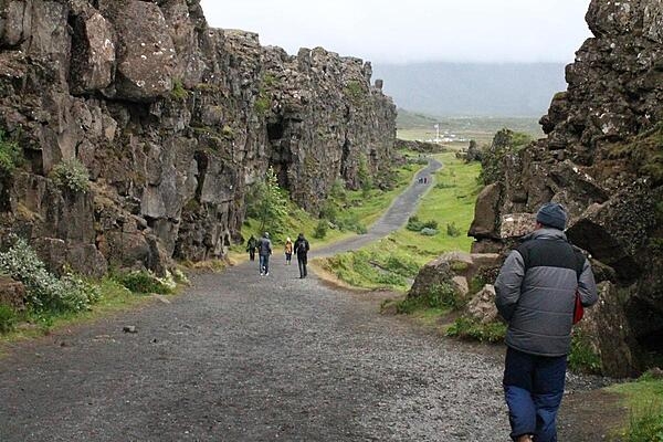 Almannagja, a large canyon-like fault in Iceland's Thingvellir National Park, is actually the exposed eastern boundary of the North American geologic plate.