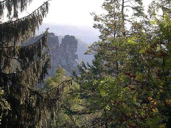 A scene in Saxon Switzerland National Park near Dresden, Germany, where old castles abound and visitors go to rock climb.