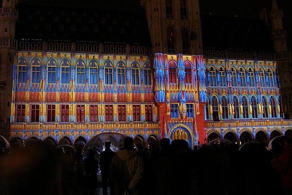 The Hotel de Ville/Stadhuis (City Hall) in Brussels, Belgium, with Winter Festival lighting.