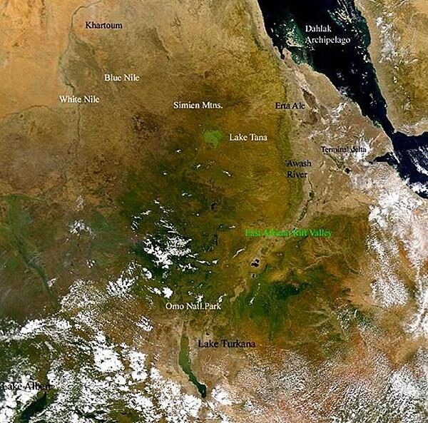 At the top left, the capital city of Sudan, Khartoum, is located at the convergence of the Blue Nile and the White Nile rivers. Although the Blue Nile is much shorter than the White Nile, it contributes about 80% of the flow of the river. The Dahlak Archipelago is seen off the Red Sea coast of Eritrea. North of the Rift Valley, in central Ethiopia, are the Simien Mountains and Lake Tana. Lake Tana is the source of the Blue Nile. Photo courtesy of NASA.