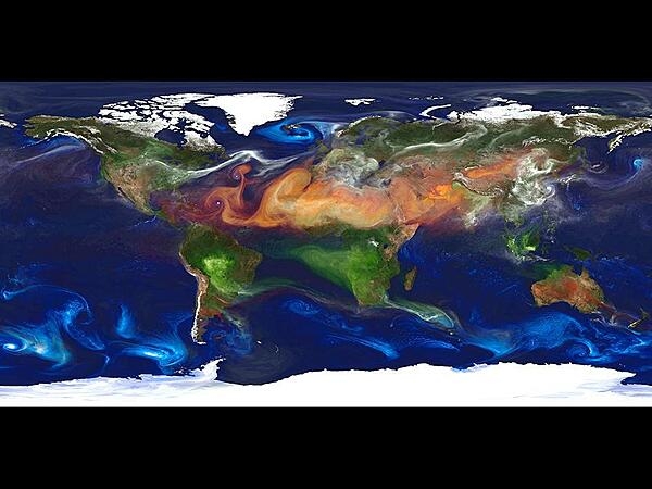 High-resolution global atmospheric modeling run on the Discover supercomputer at the NASA Center for Climate Simulation at Goddard Space Flight Center, Greenbelt, Md., provides a unique tool to study the role of weather in Earth&apos;s climate system. The Goddard Earth Observing System Model, Version 5 (GEOS-5) is capable of simulating worldwide weather at resolutions of 10 to 3.5 km (6 to 2 mi). This portrait of global aerosols was produced by a GEOS-5 simulation at a 10-km resolution. Dust (red) is lifted from the surface, sea salt (blue) swirls inside cyclones, smoke (green) rises from fires, and sulfate particles (white) stream from volcanoes and fossil fuel emissions. Image courtesy of NASA.