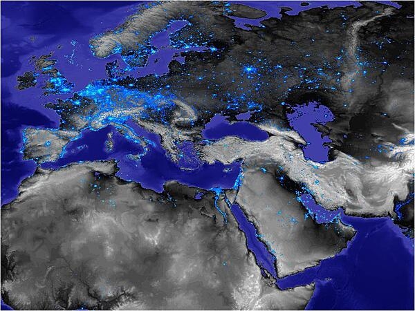 European "urban sprawl" is shown in this nighttime image of city lights superimposed on terrain photography. Image courtesy of NASA GSFC Scientific Visualization Studio.