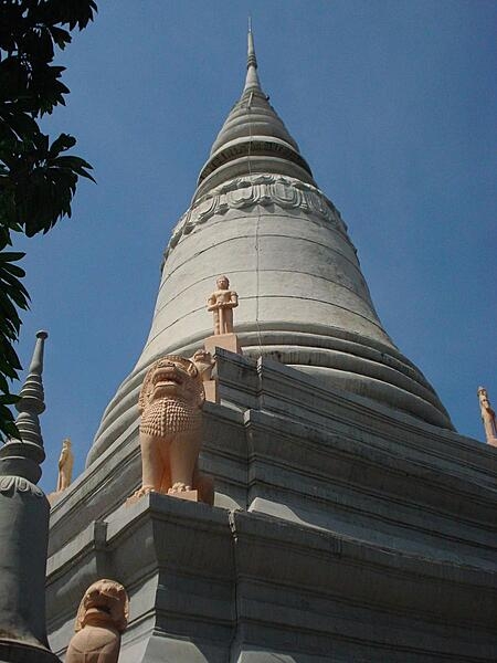 The Pagoda at Wat Phnom, built in 1373 on a man-made hill, is the tallest religious structure (27 m; 89 ft) in Phnom Penh, Cambodia.