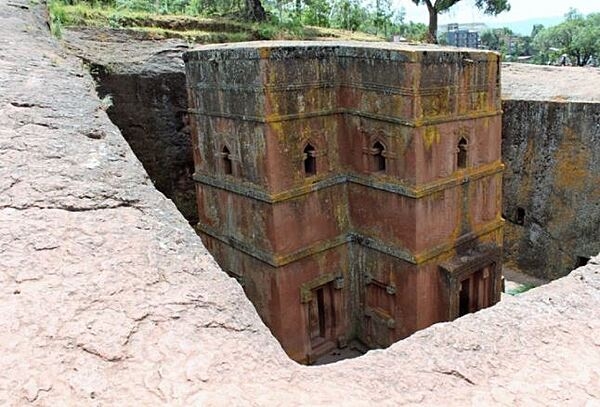 The Church of Saint George, located in a mountainous region of Ethiopia called Lalibela, where 11  churches were carved out of rock in the 12th and 13th centuries. The layout and names of the major buildings are widely accepted to be a symbolic representation of Jerusalem. In 1978, UNESCO declared the churches a World Heritage Site.