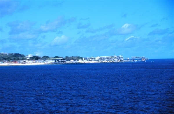 The phosphate ore loading piers on Nauru. Nauru has no natural or protected harbor. Phosphate mining was an important source of revenue for decades, but recent years have seen a significant decline production. Photo courtesy of NOAA/ Lieutenant Mark Boland