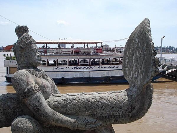 Mekong River tour boat in Phnom Penh, Cambodia.