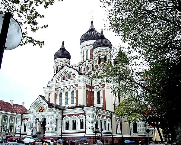 A view of the St. Alexander Nevsky Cathedral in Tallinn, Estonia, on a rainy day.