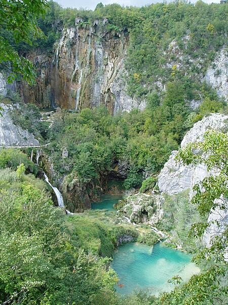 A view in Plitvice Lakes National Park in Croatia, looking down into the gorge where the largest waterfalls in the park are located.