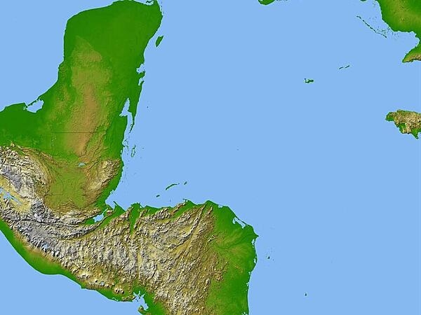 Satellite radar topography image of a portion of Central America. Due to persistent cloud cover, obtaining conventional high-altitude photos of this region is extrordinarily difficult. Radar&apos;s ability to penetrate clouds and make 3-D measurements allowed scientists to generate the first complete high-resolution topographic map of the entire region. All of Guatemala, Belize, El Salvador, and Honduras are visible on this image, as well as a considerable portion of southern Mexico (the Yucatan Peninsula). Image courtesy of NASA/JPL/NGA.