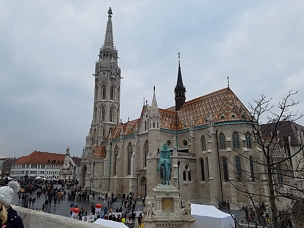 The Church of the Assumption -- more commonly referred to as the Matthais Church -- in front of the Fisherman's Bastion in Buda's Castle District in Hungary.