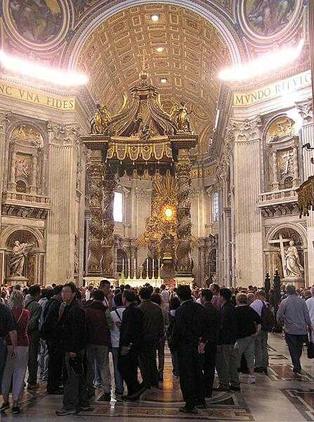 The baldachin is a massive pavilion-like structure (30 m or 98 ft tall) that stands beneath the dome of St. Peter's Basilica in Vatican City. It is reputed to be the largest piece of bronze in the world.