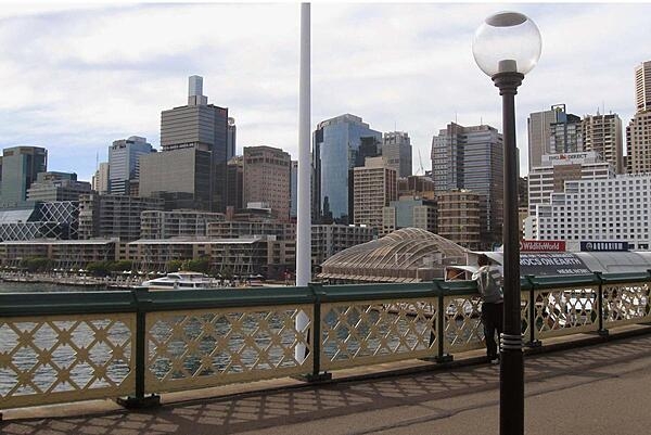 Sydney skyline as seen from a Darling Harbour footbridge in Sydney, Australia.