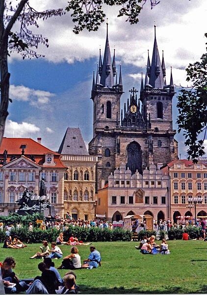 The Church of Our Lady before Tyn (also known as the Tyn Cathedral) overlooks Old Town Square in Prague, Czechia.