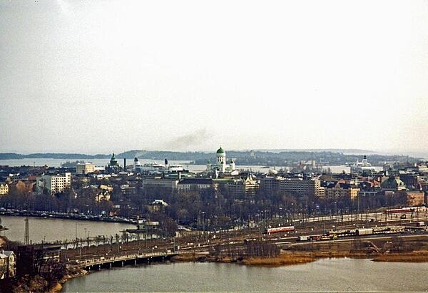 Aerial view of Helsinki, Finland. The prominent building with the dome in the center is Helsinki Cathedral.