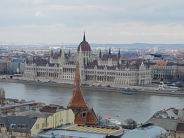 Closer view of the Parliament Building on the Pest side of the Danube River in Hungary. Construction began in 1885 but was not completed until 1904.