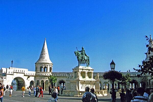 The statue of Stephen I, saint and king, in the Fisherman's Bastion terrace on the Buda side of Budapest, Hungary.