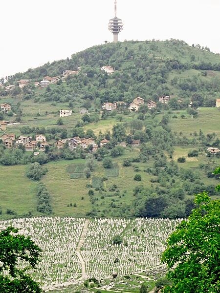 Part of Sarajevo's massive cemetery, in Bosnia and Herzegovina, lies at the base of the hill supporting the city's communication tower.