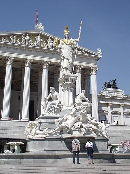 Close up of the Pallas Athena fountain (completed 1902) before the Parliament Building in Vienna, Austria.