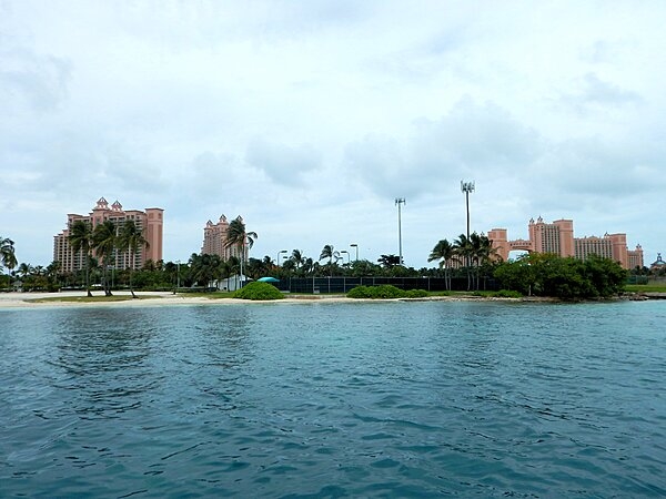 A sea view of the sprawling Atlantis Resort on Paradise Island in the Bahamas.