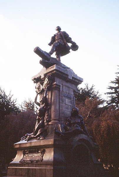 Monument in Punta Arenas, Chile, to Ferdinand Magellan, the first explorer to circumnavigate the world. Overcoming storms and mutinies, the Portuguese expedition (1519-22) crossed the Strait of Magellan (named after the navigator) to become the first explorers to cross from the Atlantic to the Pacific Ocean.