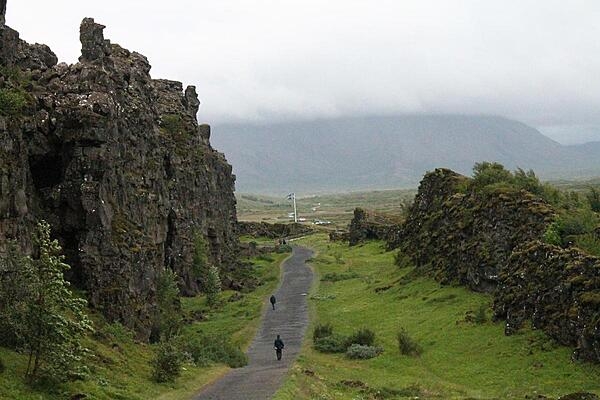 Almannagja, the exposed eastern boundary of the North American geologic plate, in Thingvellir National Park, Iceland.